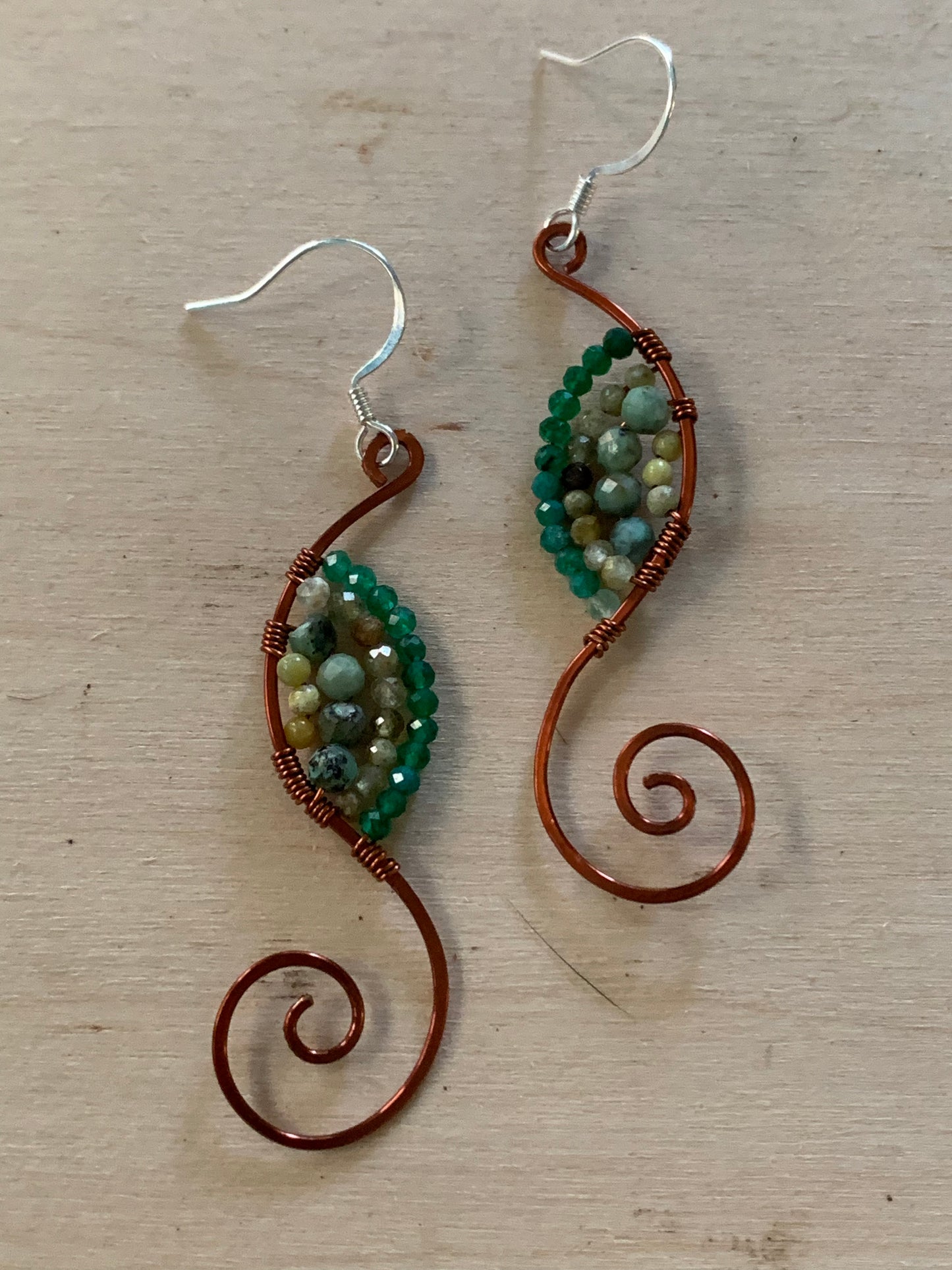 Copper Earrings, Green Onyx, Turquoise, Green Opal, Green Tourmaline