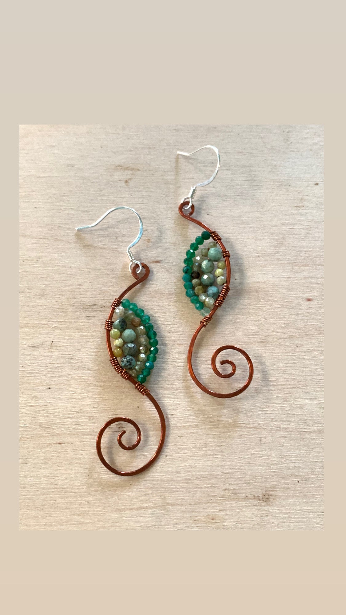Copper Earrings, Green Onyx, Turquoise, Green Opal, Green Tourmaline