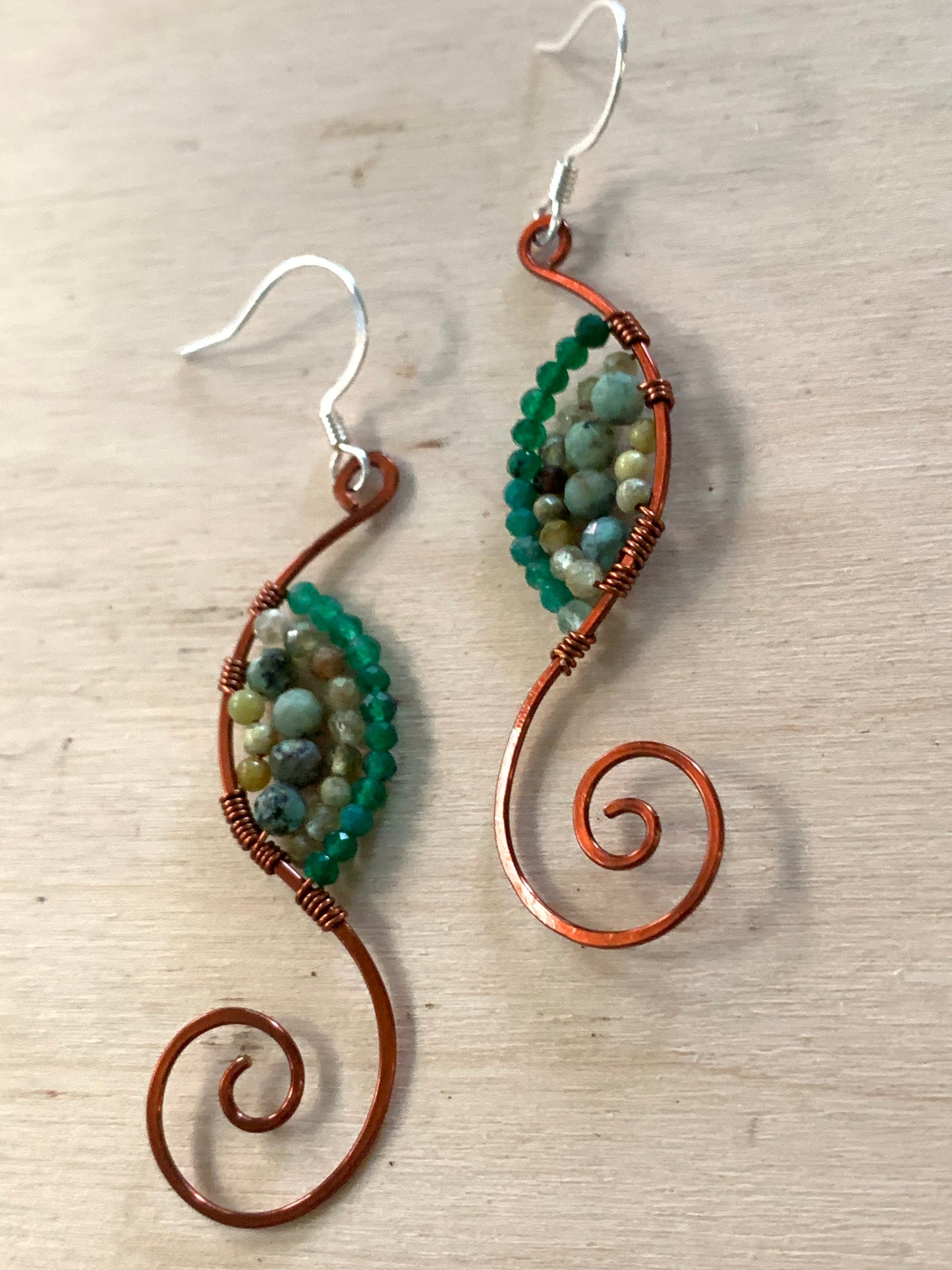 Copper Earrings, Green Onyx, Turquoise, Green Opal, Green Tourmaline