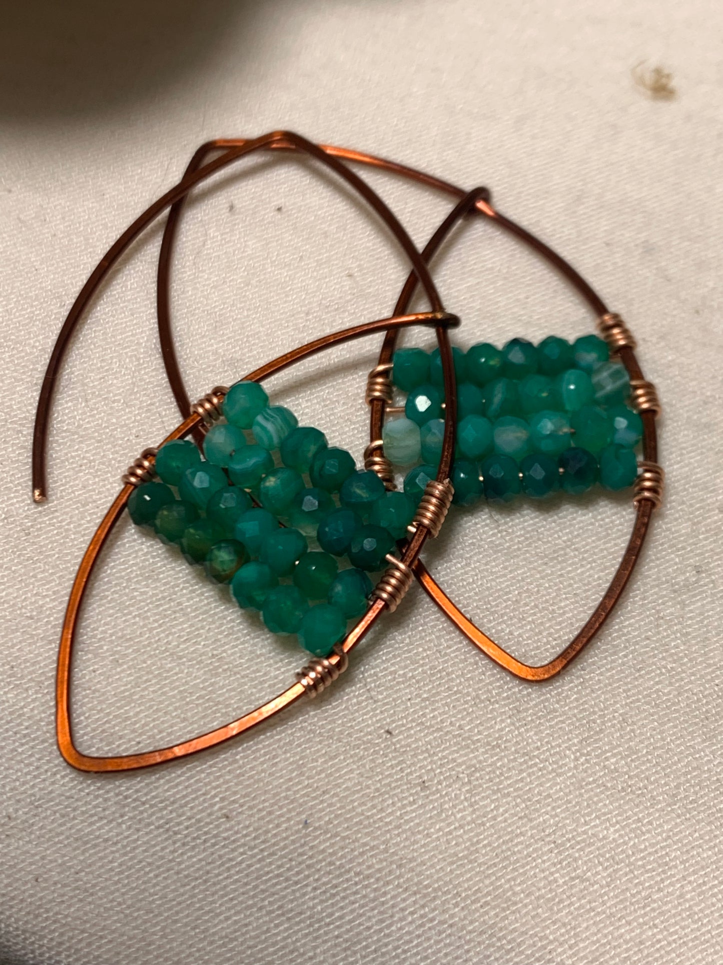 Copper Threader Earrings, Faceted Green Onyx