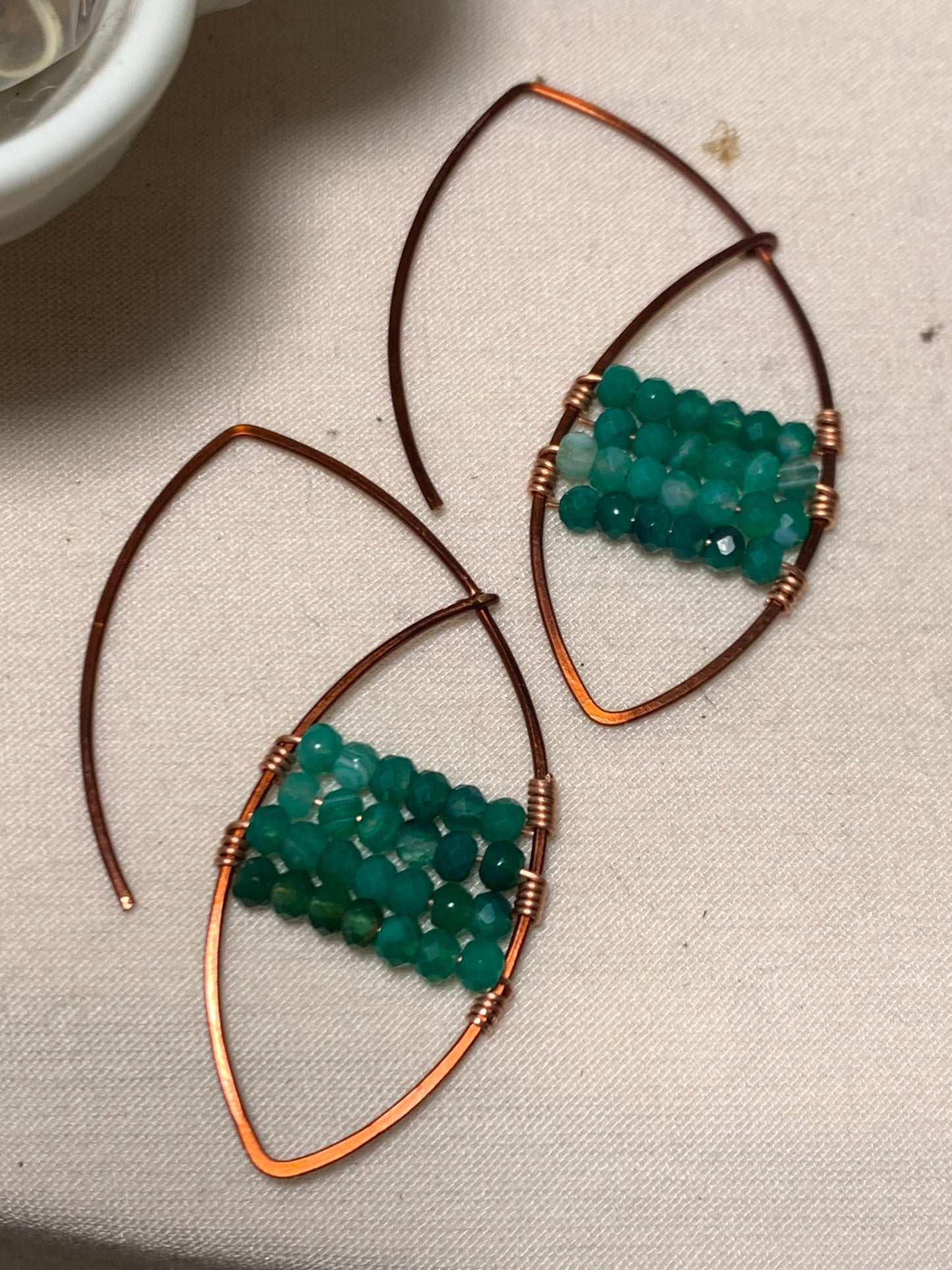 Copper Threader Earrings, Faceted Green Onyx
