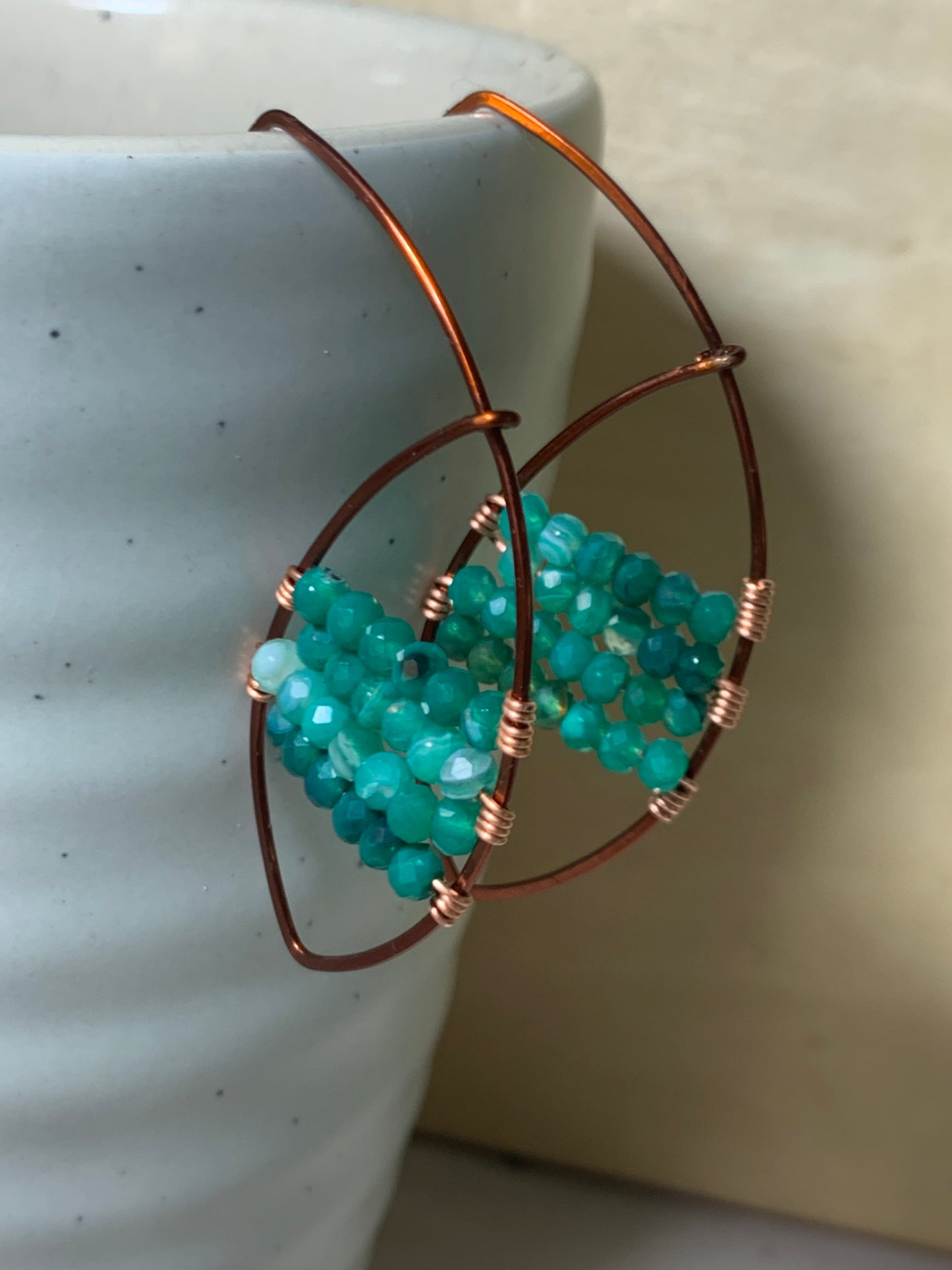 Copper Threader Earrings, Faceted Green Onyx