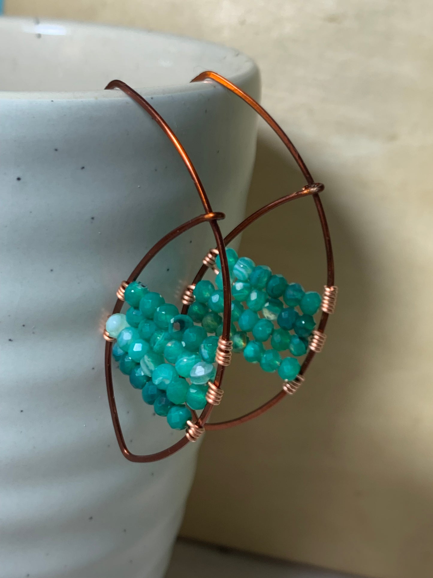 Copper Threader Earrings, Faceted Green Onyx