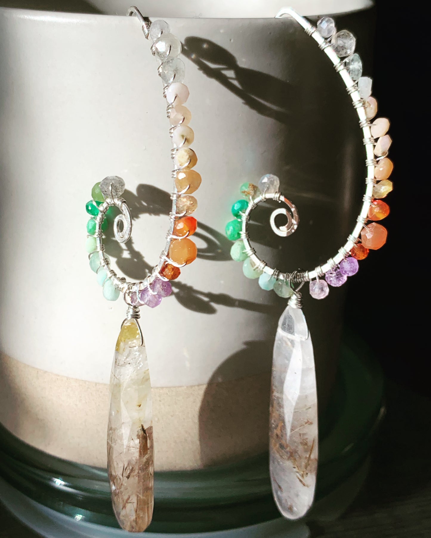 Sterling Silver Swirl Earrings with Golden Rutile Crystal, Rainbow mixed faceted Gemstones