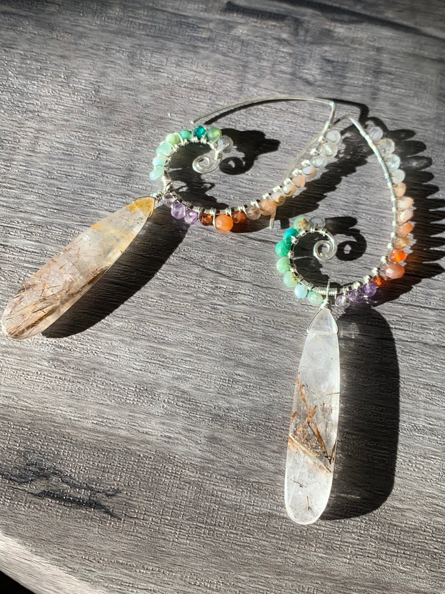 Sterling Silver Swirl Earrings with Golden Rutile Crystal, Rainbow mixed faceted Gemstones