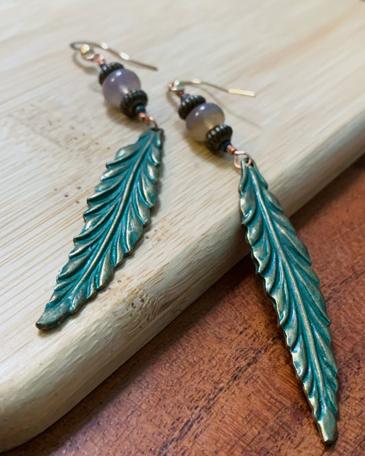 Gold Plated and antique brass leaf, smooth agate rondelle earrings, brass earrings