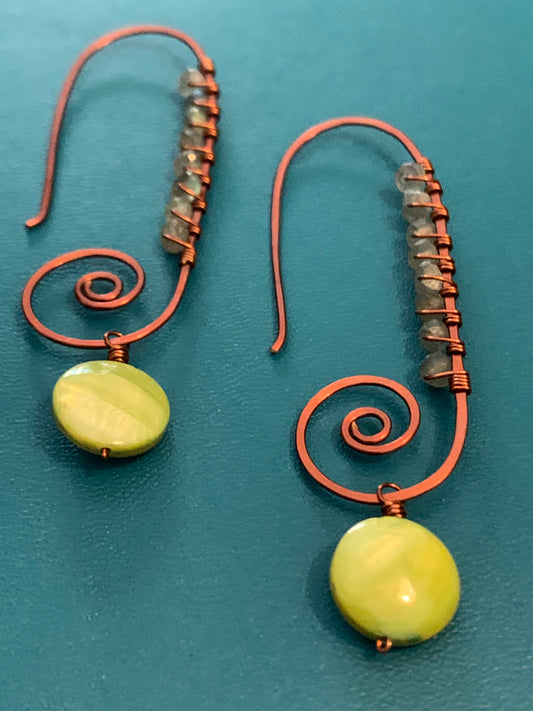 Copper Earrings, Labradorite and Mother of Pearl Shell