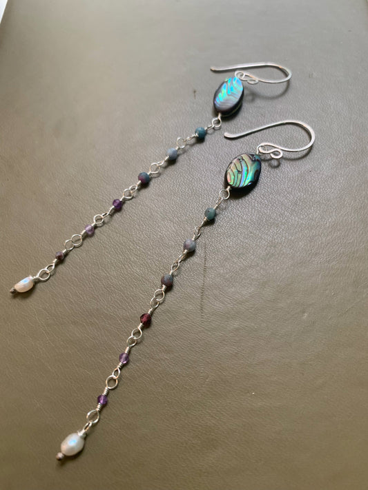 Sterling Silver Earrings, Abalone Shells, Paua, Ruby in Kyanite, Garnet, Amethyst, Fresh Water Pearls