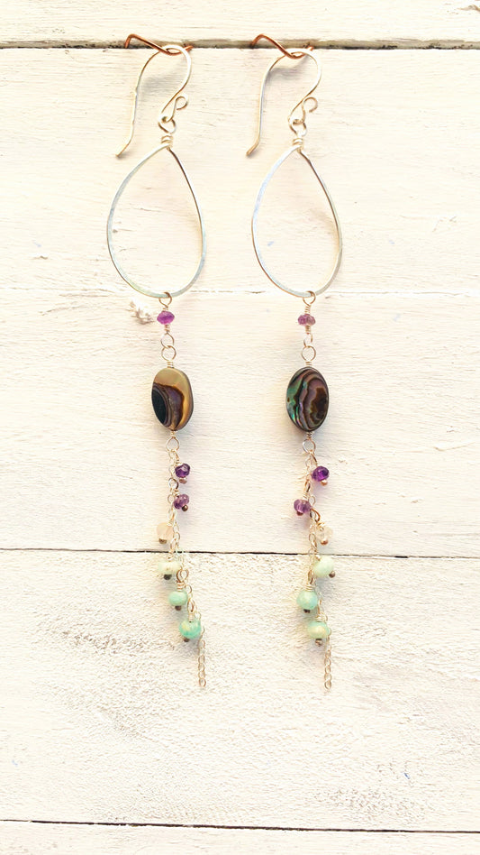 Sterling Silver Earrings, Abalone Shells, Paua, Amethyst, Amazonite