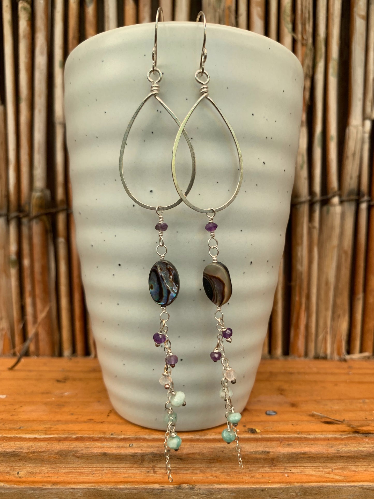 Sterling Silver Earrings, Abalone Shells, Paua, Amethyst, Amazonite