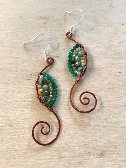 Copper Earrings, Green Onyx, Turquoise, Green Opal, Green Tourmaline