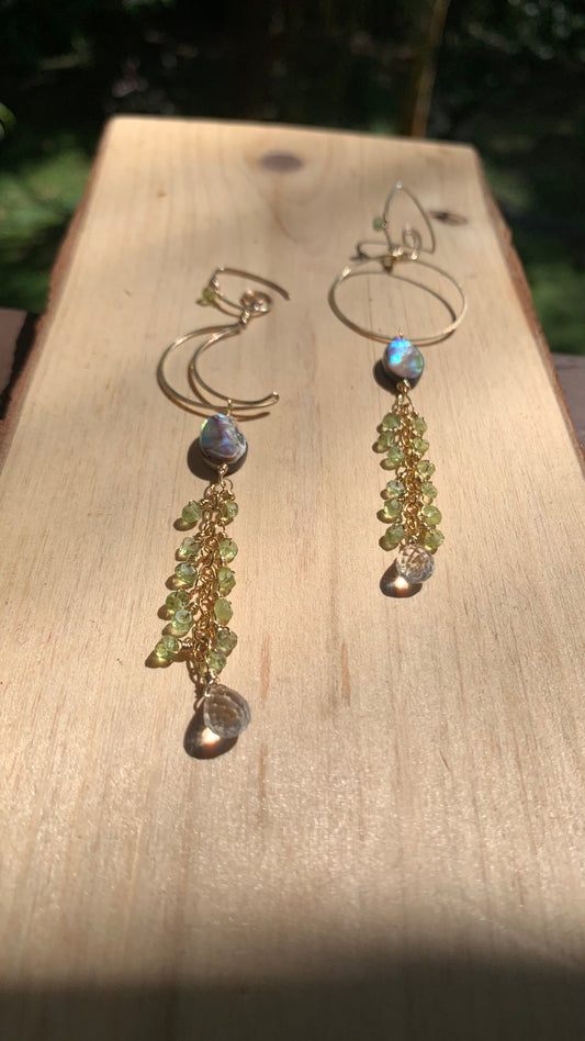 14kt Gold Filled Earrings, Abalone Shells, Clear Quartz Crystals