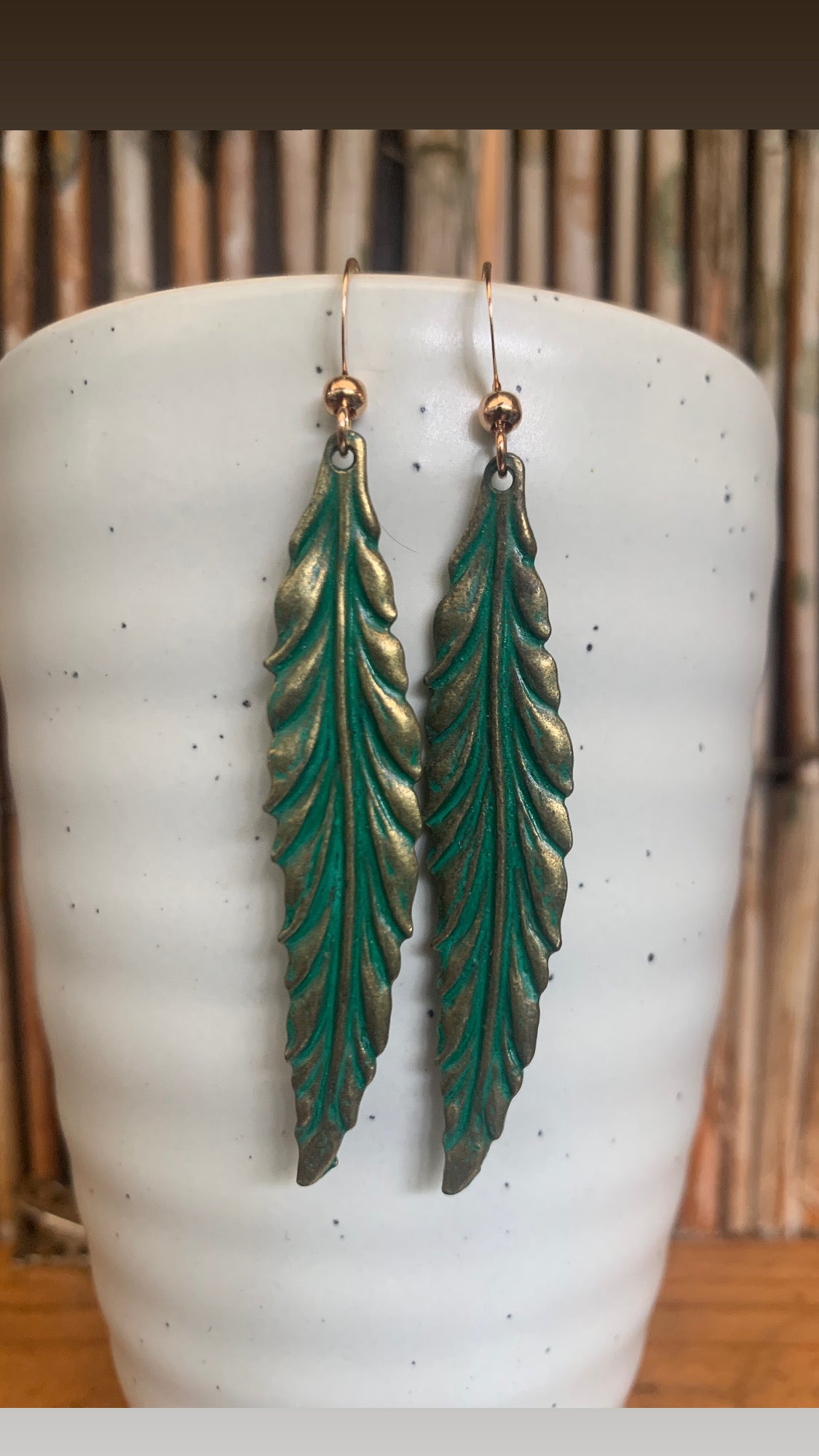 Gold Plated and Antiqued Brass Leaf Earrings Blue Patina