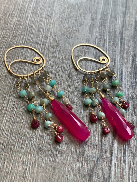 Chalcedony, Ruby, Amazonite, Labradorite, 14kt Gold Filled Earrings