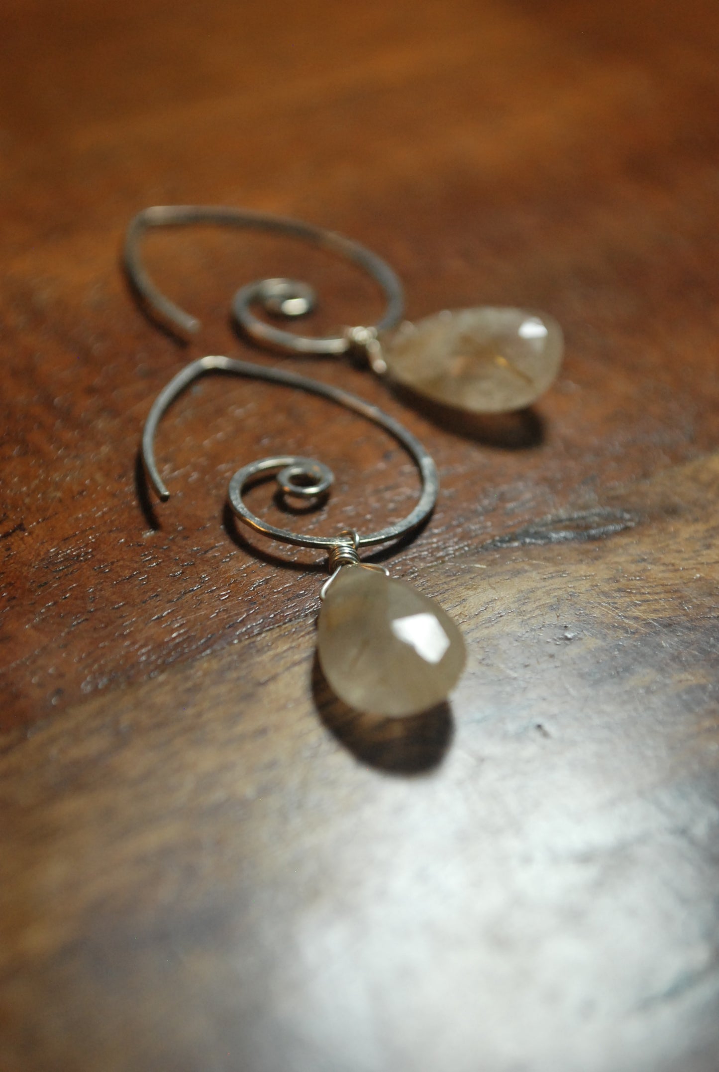 Simple Classic Sterling Silver Earrings, Golden Rutilated Quartz Crystal