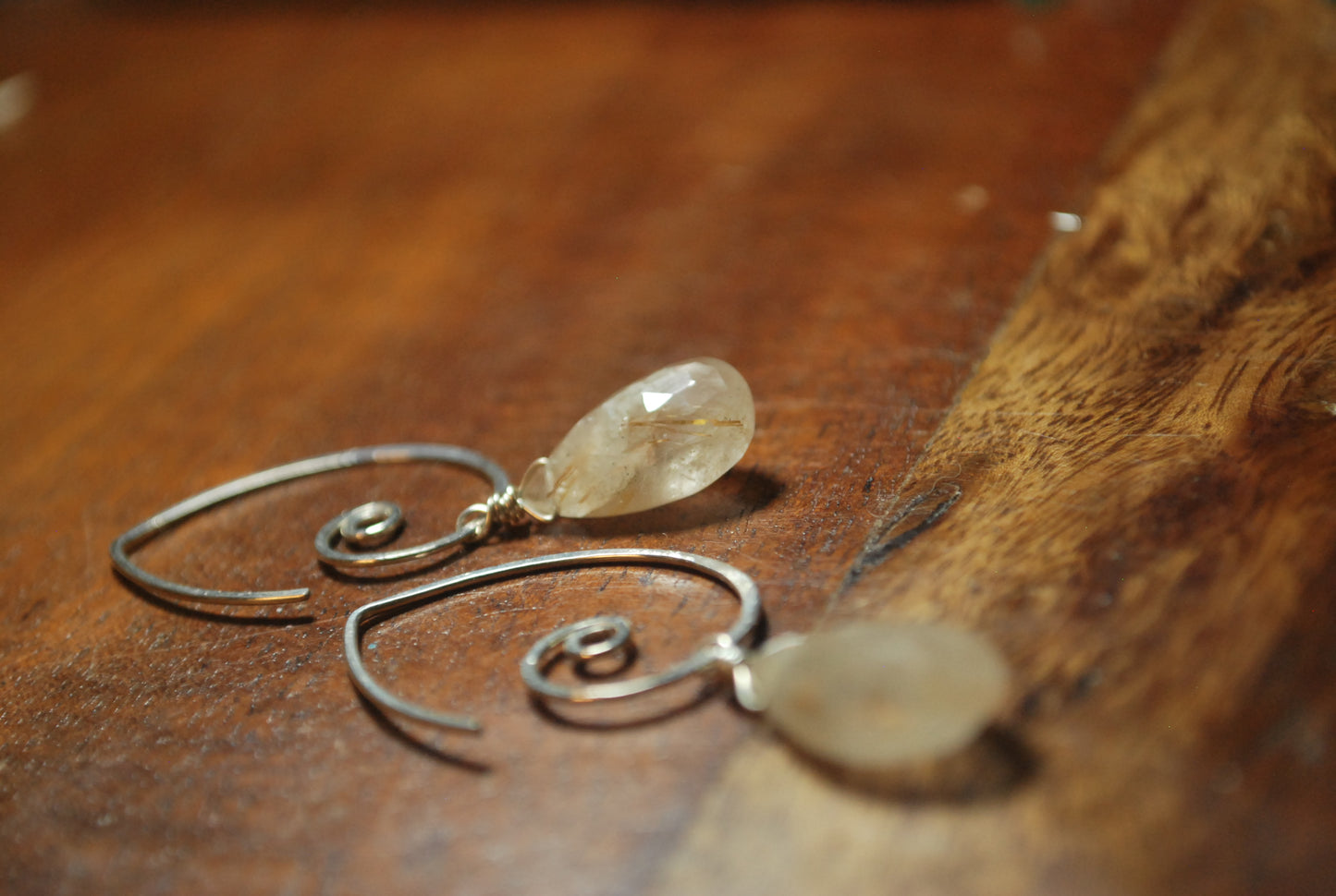 Simple Classic Sterling Silver Earrings, Golden Rutilated Quartz Crystal