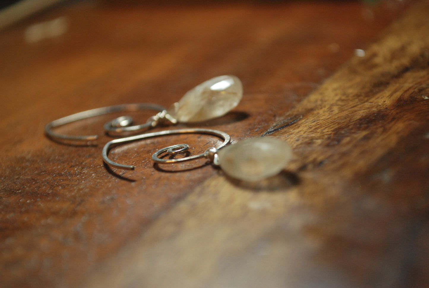 Simple Classic Sterling Silver Earrings, Golden Rutilated Quartz Crystal