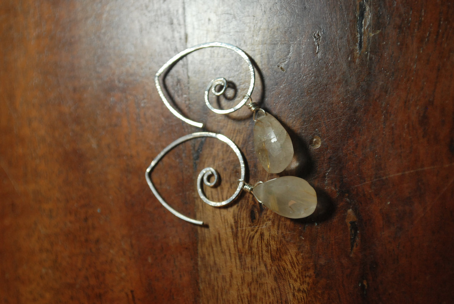 Simple Classic Sterling Silver Earrings, Golden Rutilated Quartz Crystal