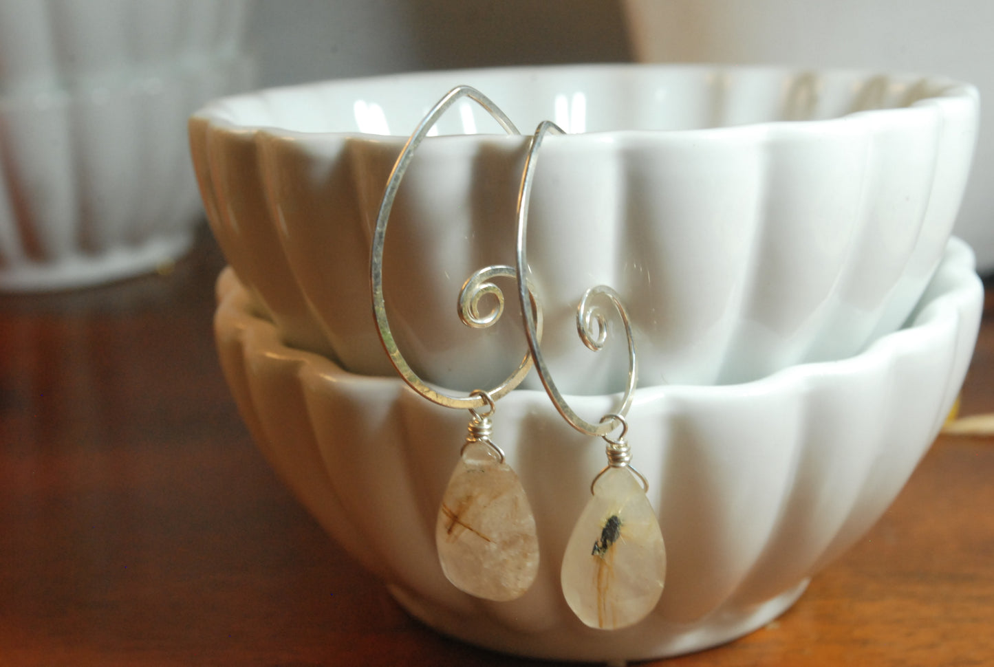 Simple Classic Sterling Silver Earrings, Golden Rutilated Quartz Crystal