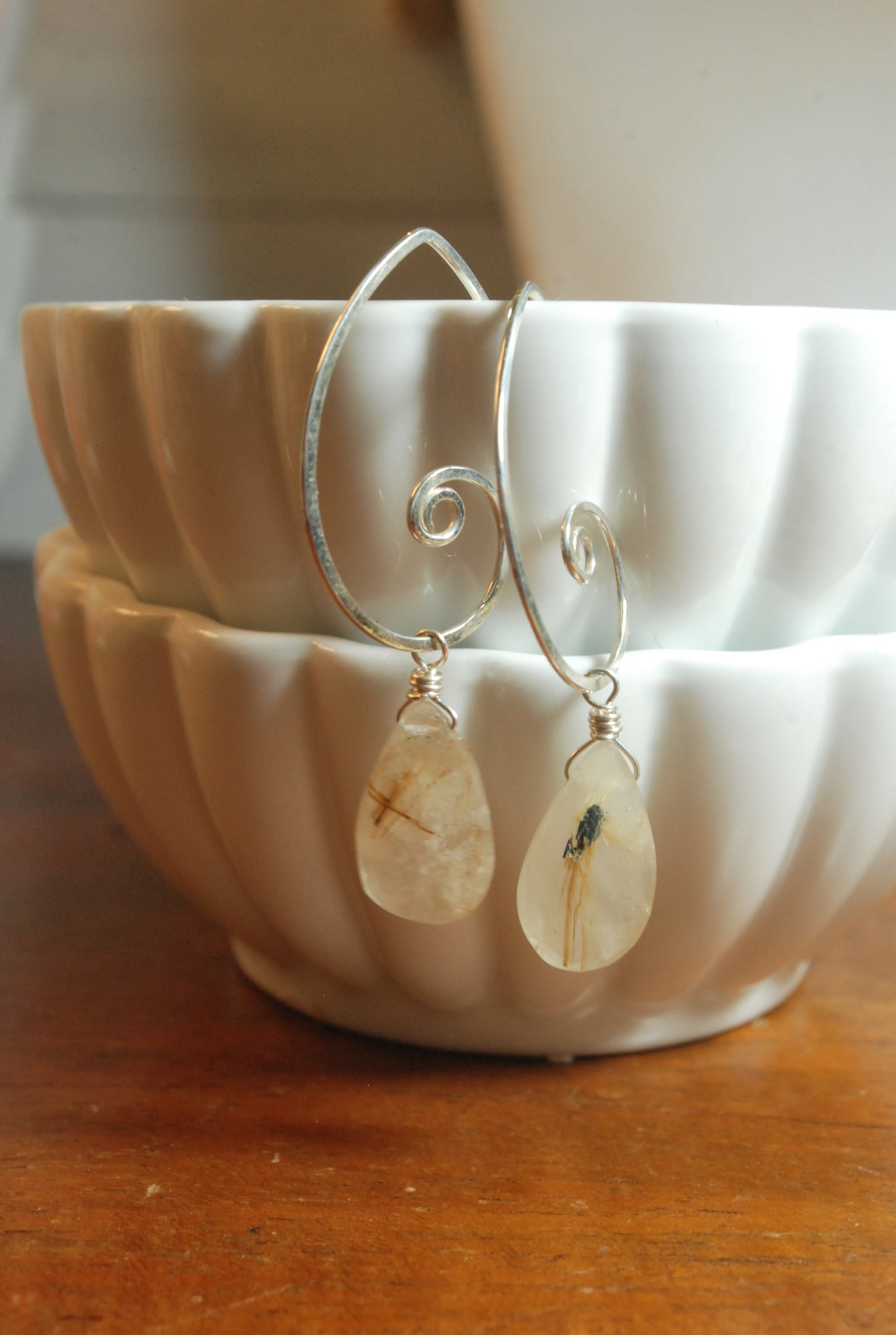 Simple Classic Sterling Silver Earrings, Golden Rutilated Quartz Crystal