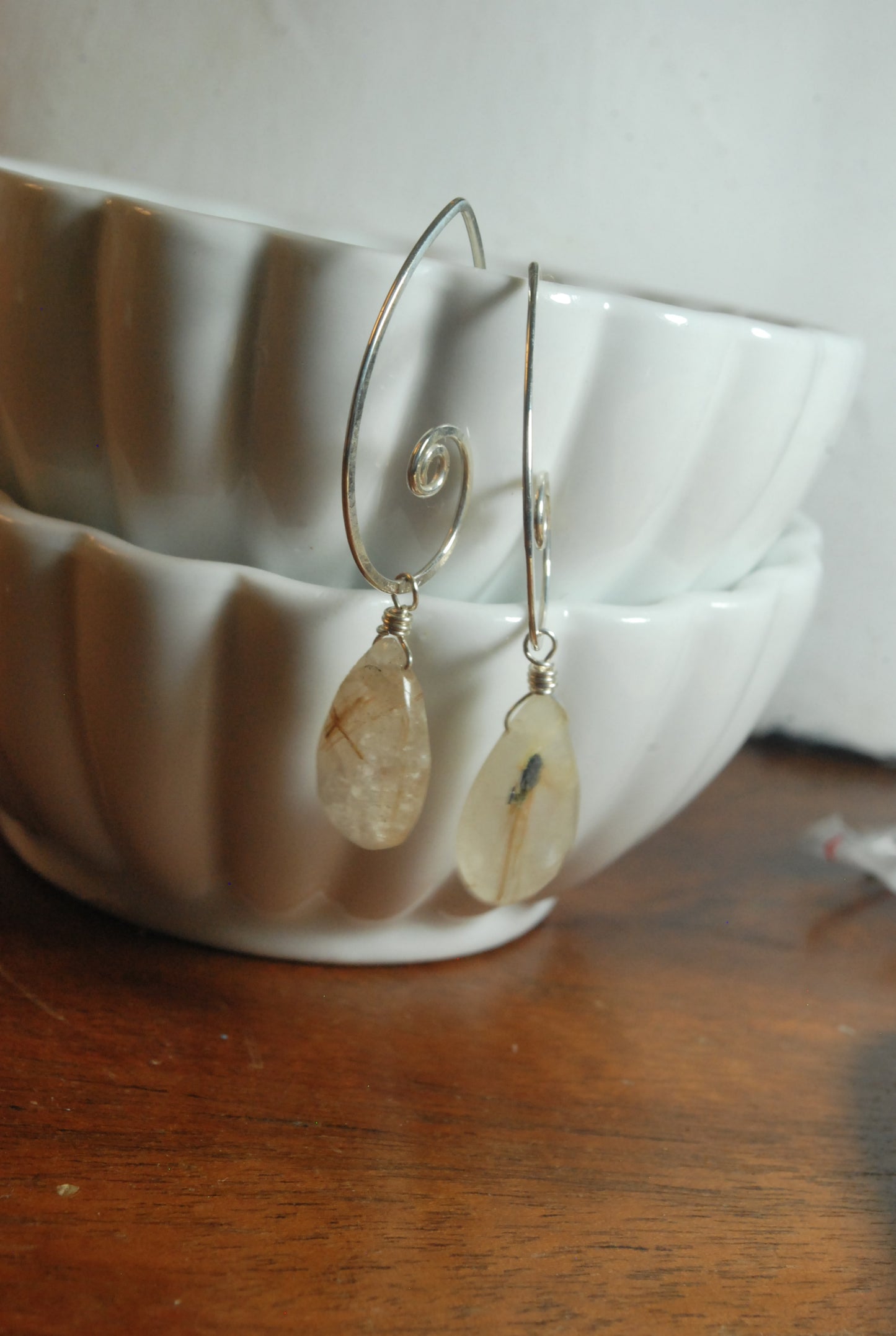 Simple Classic Sterling Silver Earrings, Golden Rutilated Quartz Crystal