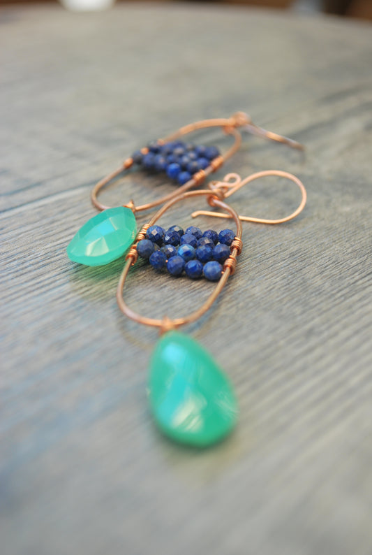 Copper earrings, chalcedony chrysoprase and lapislazuli