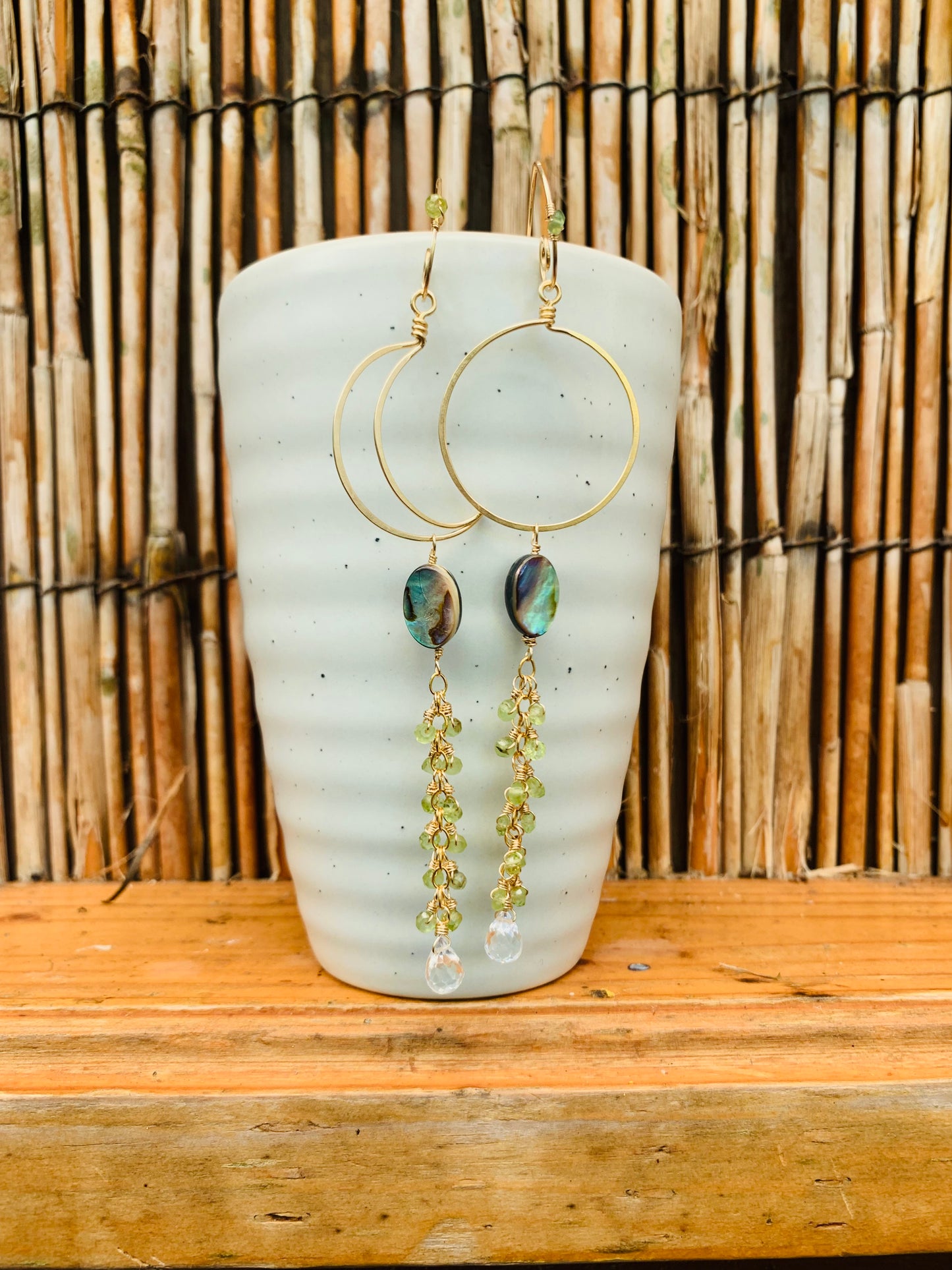 14kt Gold Filled Earrings, Abalone Shells, Clear Quartz Crystals