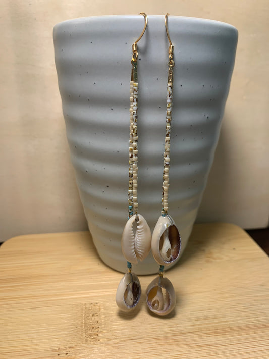 Fringe Seed Beads Earrings, Miyuki Delicas, Cowrie Shells Earrings, Gold Plated Earrings