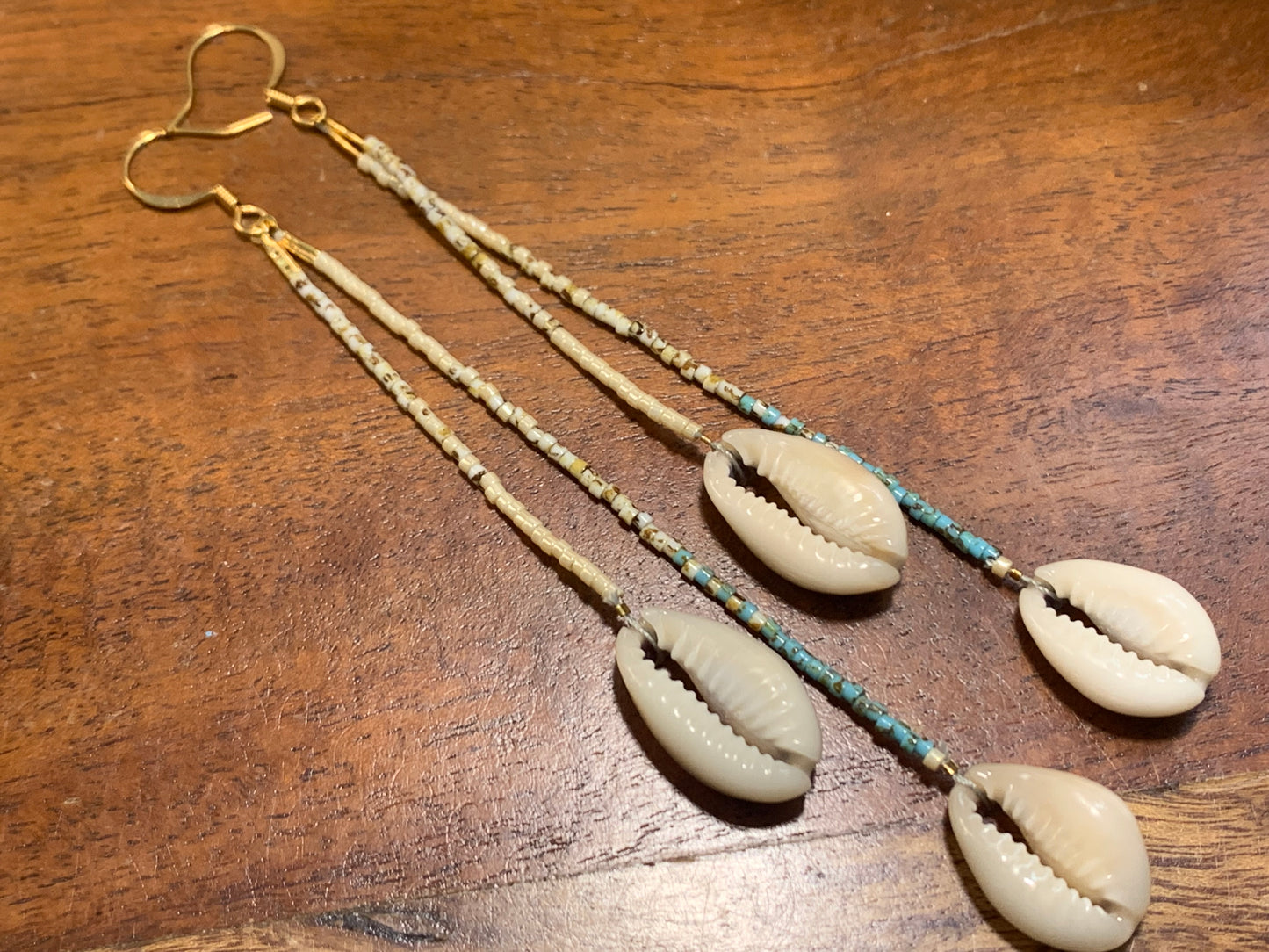 Fringe Seed Beads Earrings, Miyuki Delicas, Cowrie Shells Earrings, Gold Plated Earrings