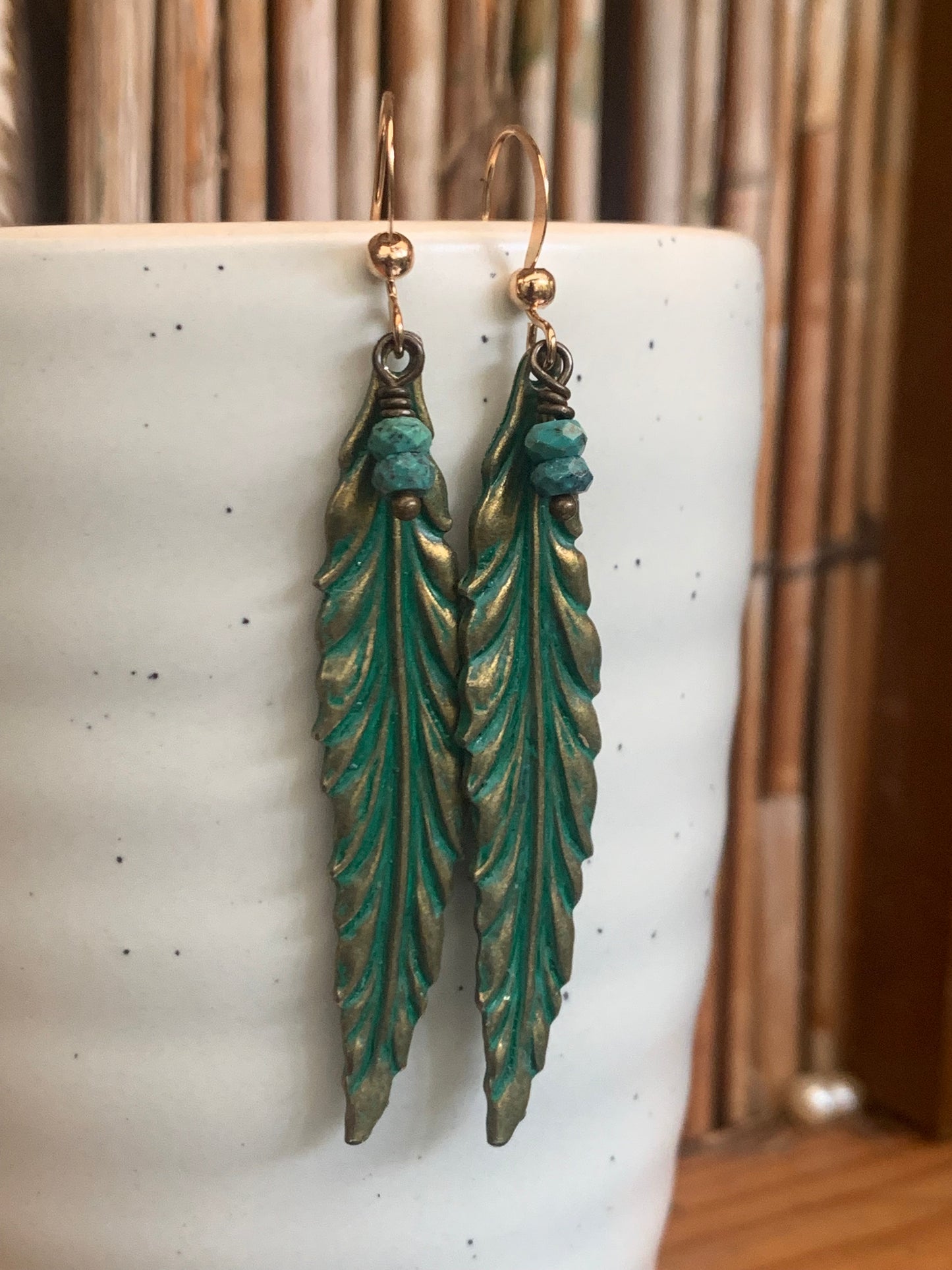 Gold Plated and Antiqued Brass Leaf Earrings Blue Patina with Turquoise