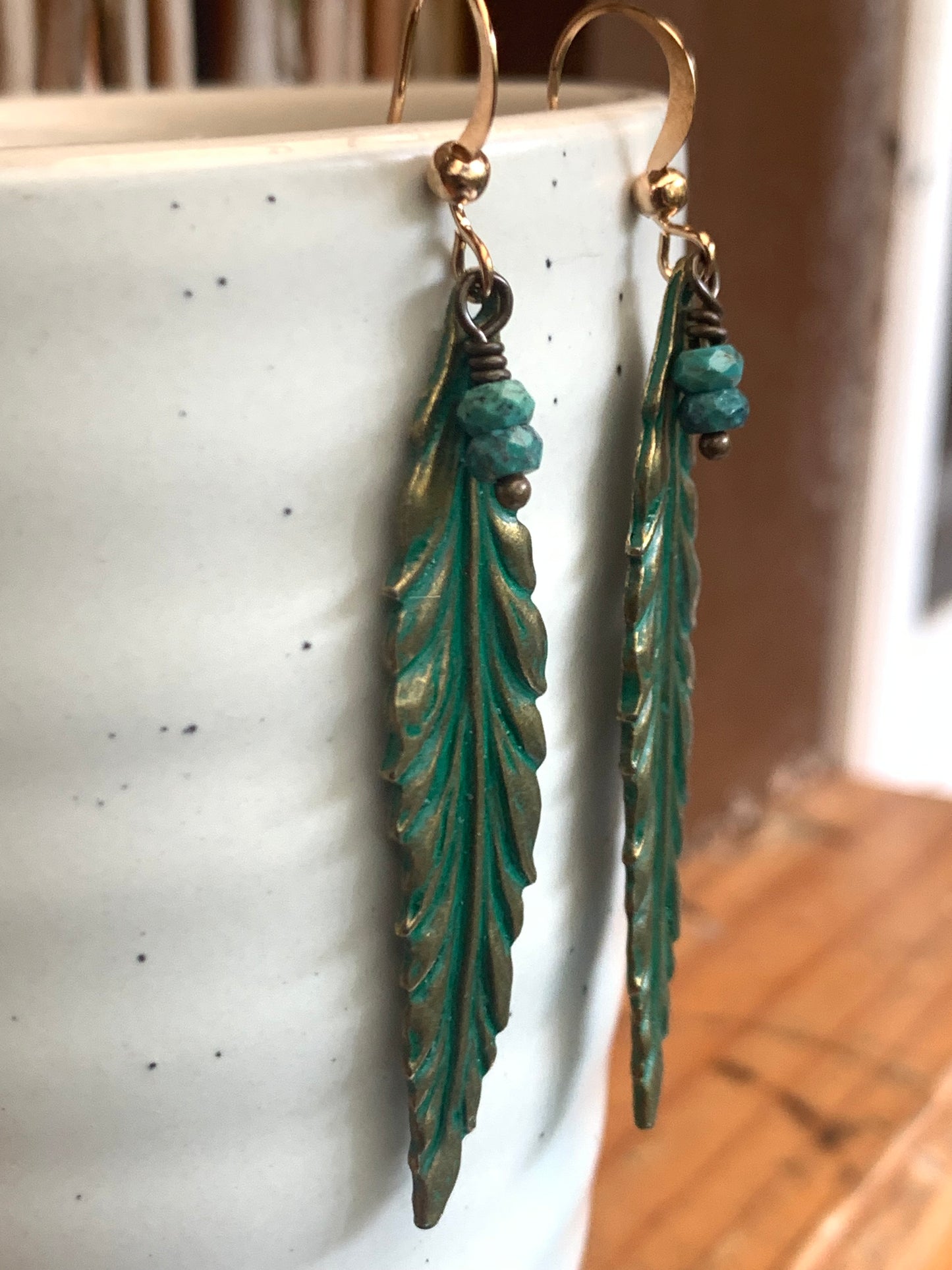 Gold Plated and Antiqued Brass Leaf Earrings Blue Patina with Turquoise