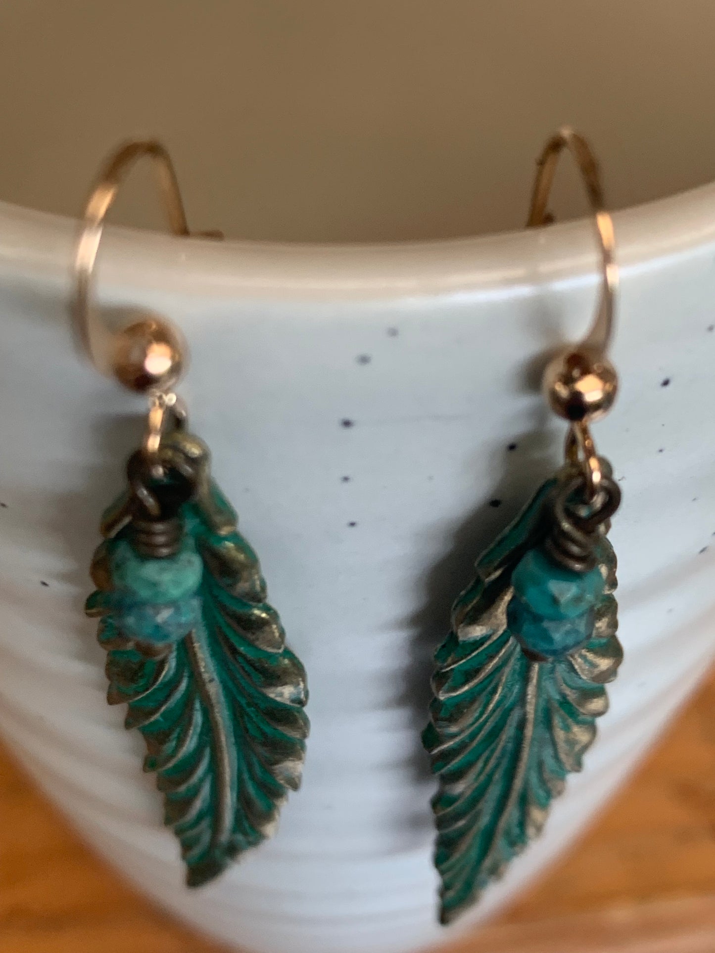 Gold Plated and Antiqued Brass Leaf Earrings Blue Patina with Turquoise