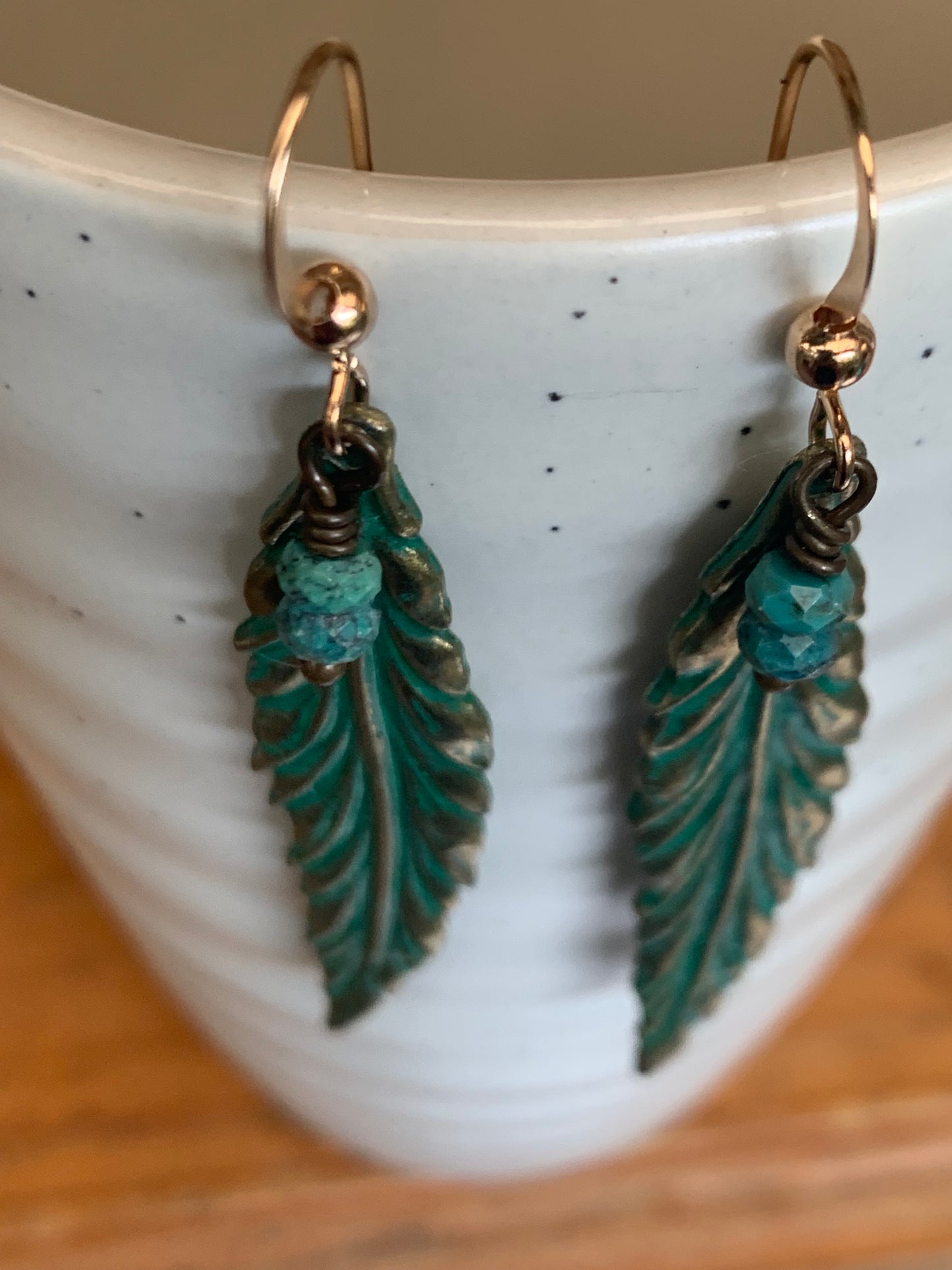 Gold Plated and Antiqued Brass Leaf Earrings Blue Patina with Turquoise