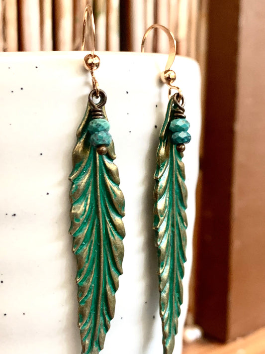 Gold Plated and Antiqued Brass Leaf Earrings Blue Patina with Turquoise
