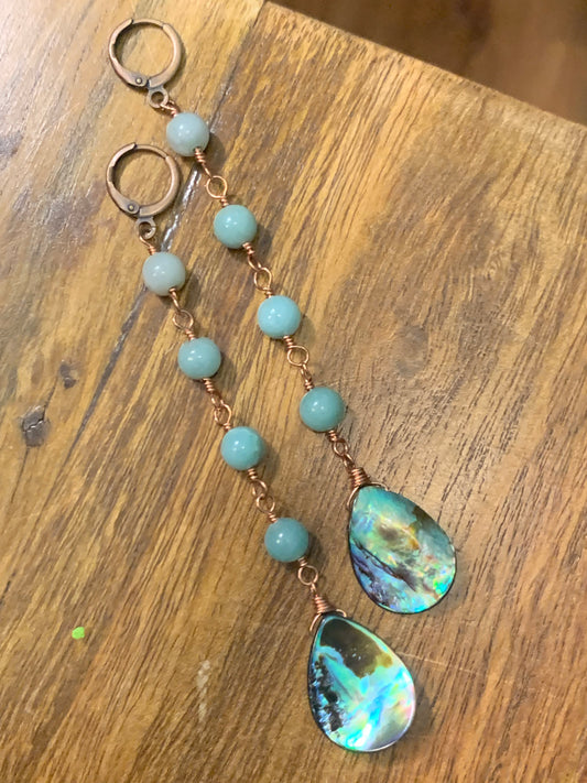 Copper Earrings, Amazonite and Abalone Shells