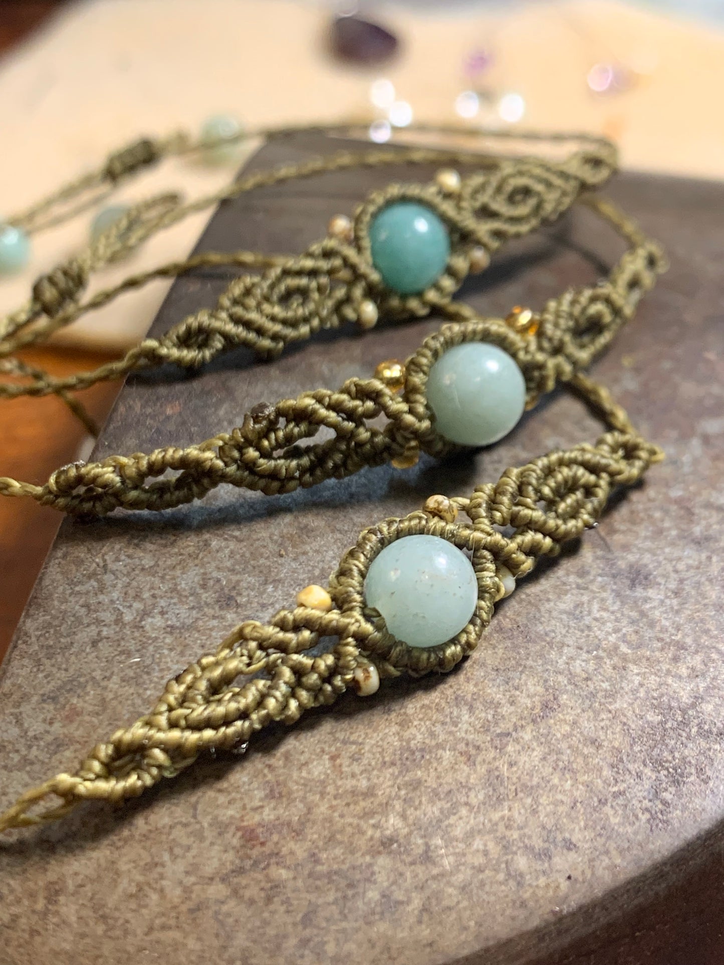 Micromacrame Bracelet, Amazonite, olive green