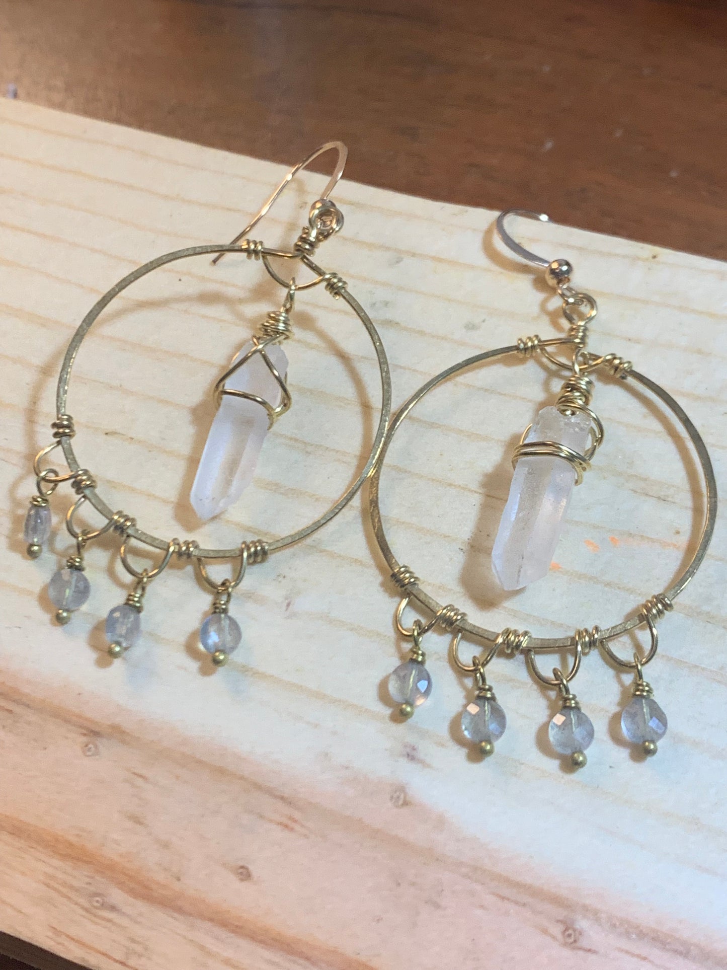 Labradorite and Quartz Crystal Earring, Raw Brass