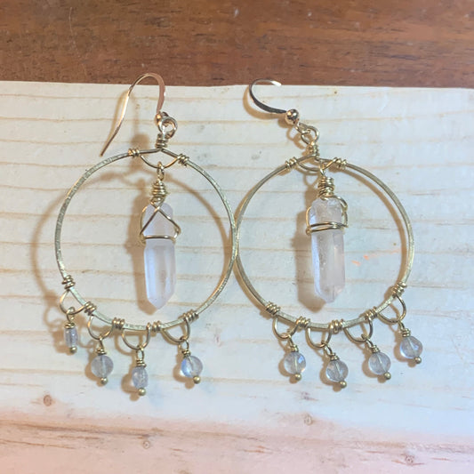 Labradorite and Quartz Crystal Earring, Raw Brass