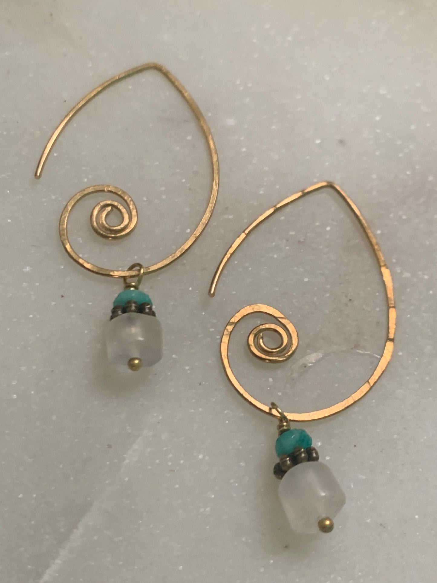 Brass Earrings with Rose Quartz and Amazonite Charm