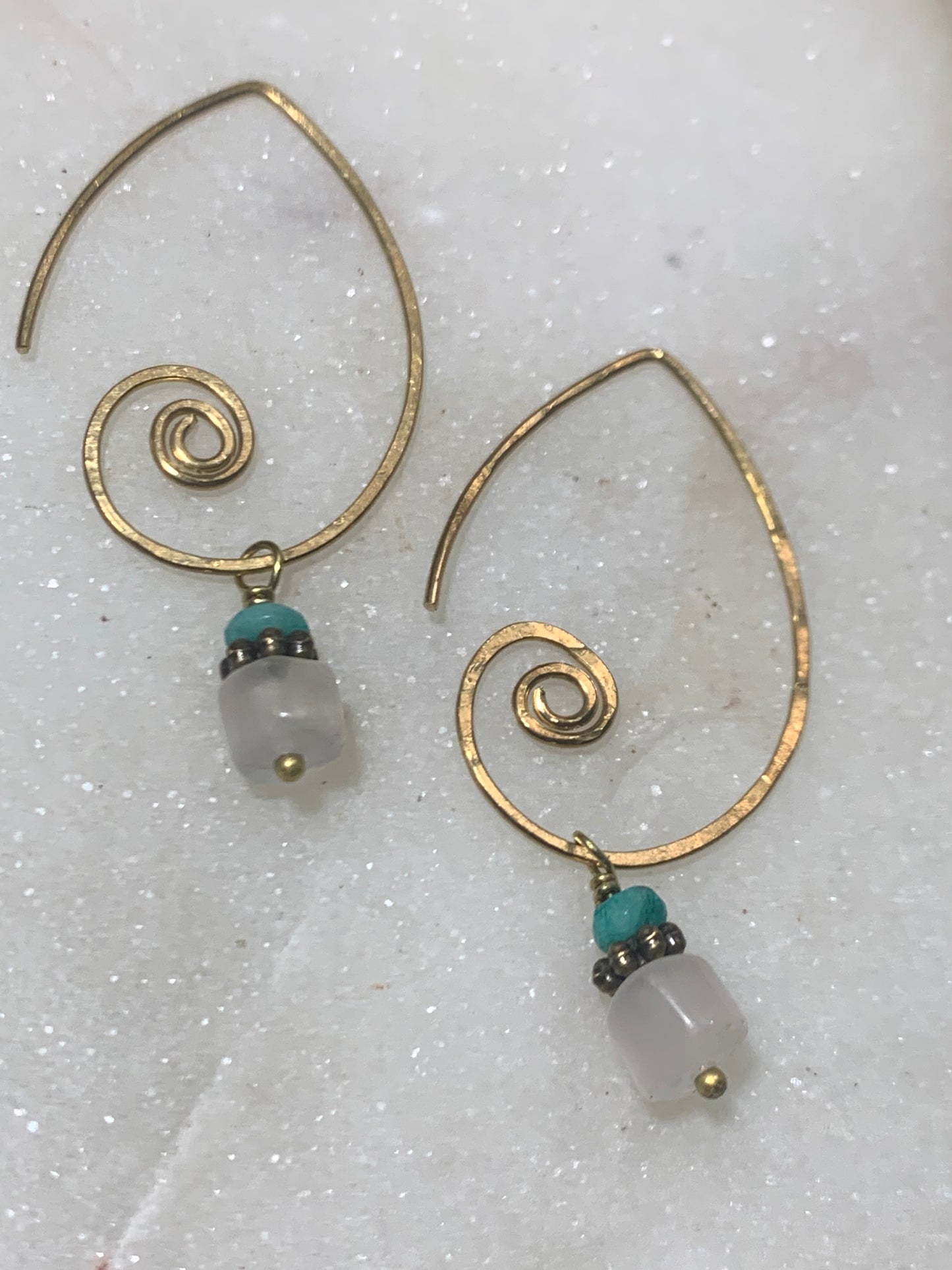 Brass Earrings with Rose Quartz and Amazonite Charm