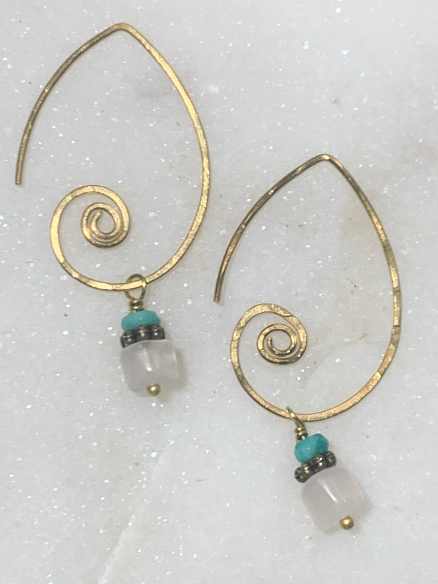 Brass Earrings with Rose Quartz and Amazonite Charm