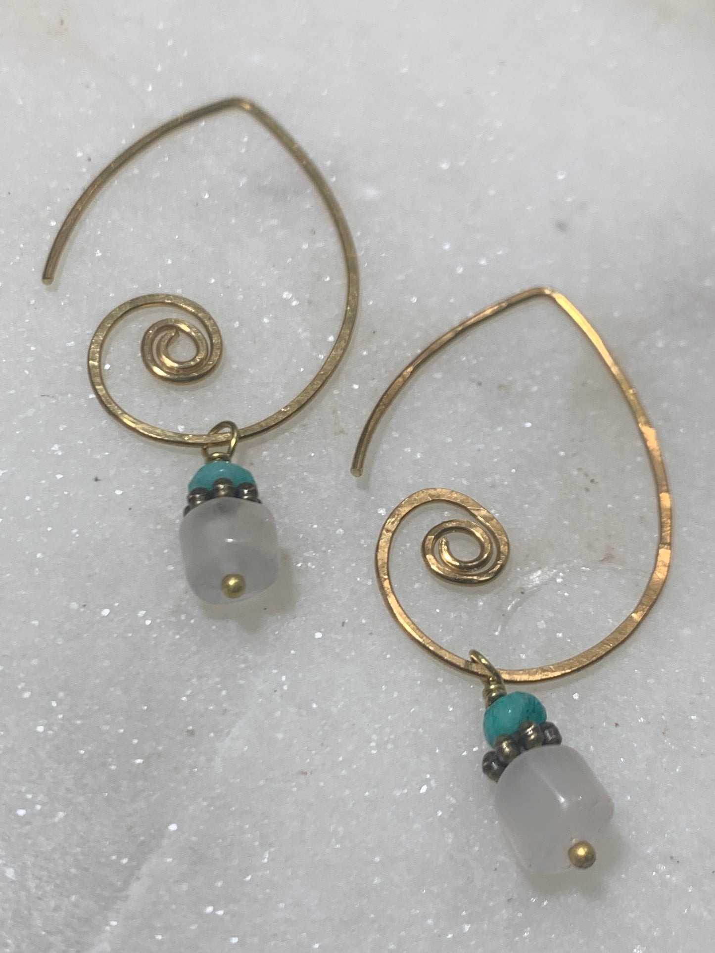 Brass Earrings with Rose Quartz and Amazonite Charm