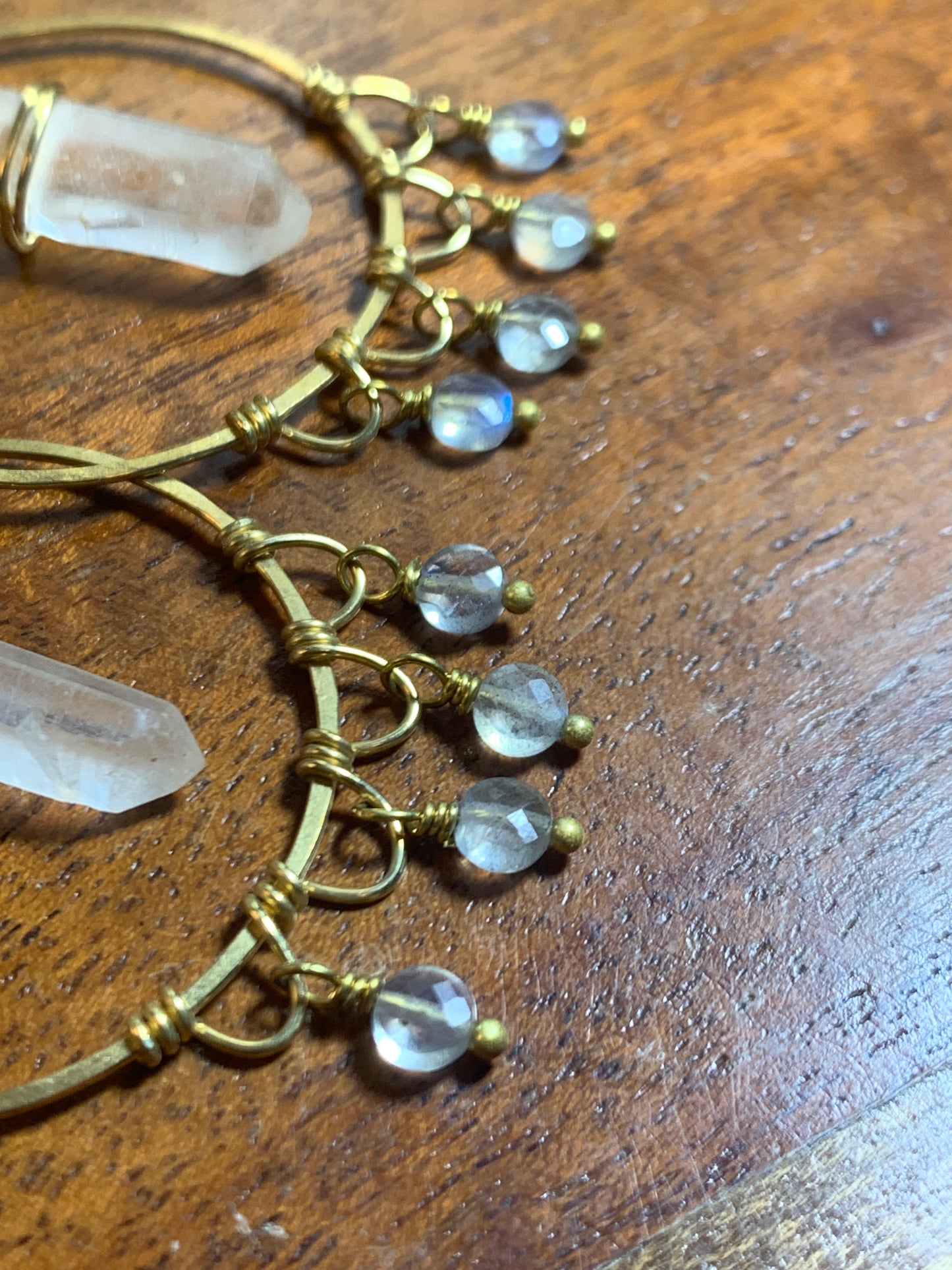 Labradorite and Quartz Crystal Earring, Raw Brass