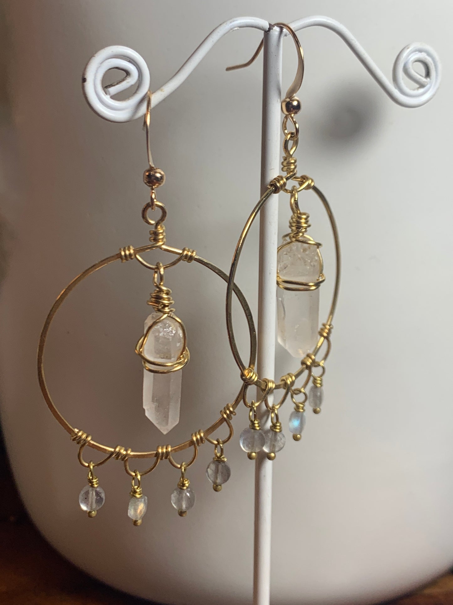 Labradorite and Quartz Crystal Earring, Raw Brass