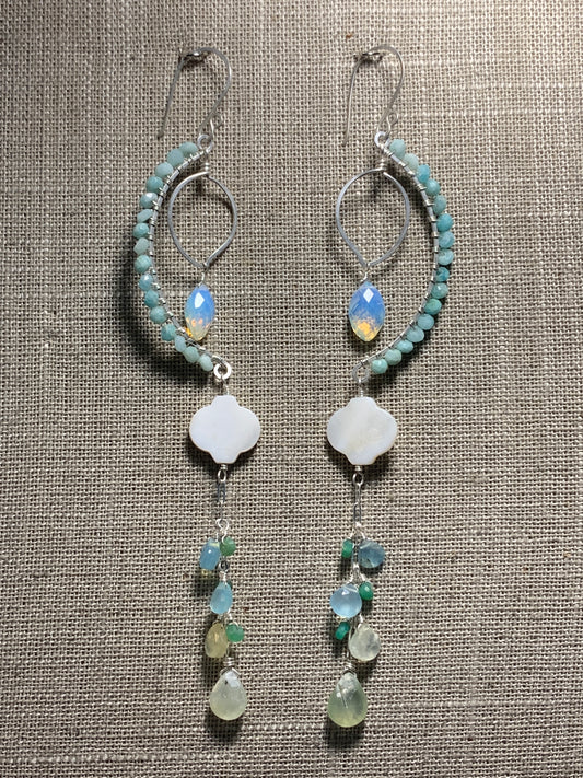 Fern,  Amazonite, Opalite and Prehnite Sterling Silver Earrings
