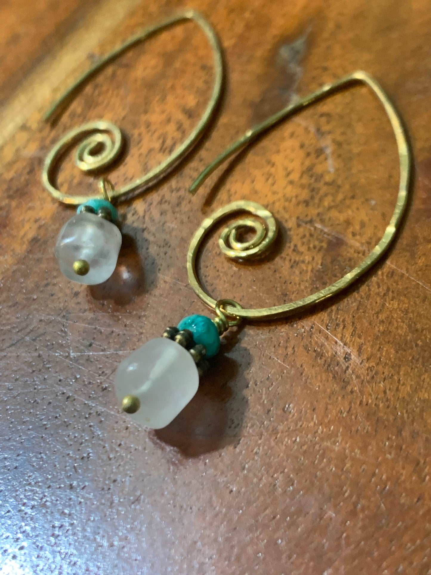 Brass Earrings with Rose Quartz and Amazonite Charm