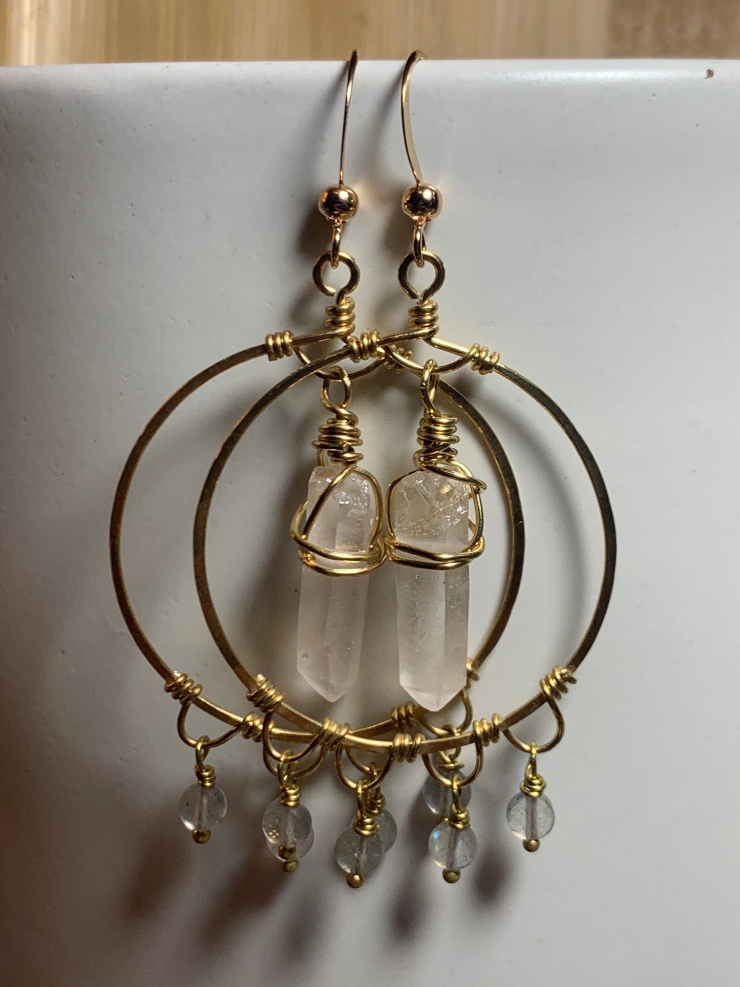 Labradorite and Quartz Crystal Earring, Raw Brass