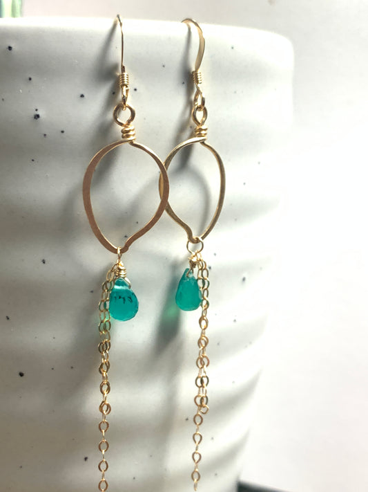 Gold Filled Leaf Earrings, 14kt Goldfilled and Green Onyx Earrings