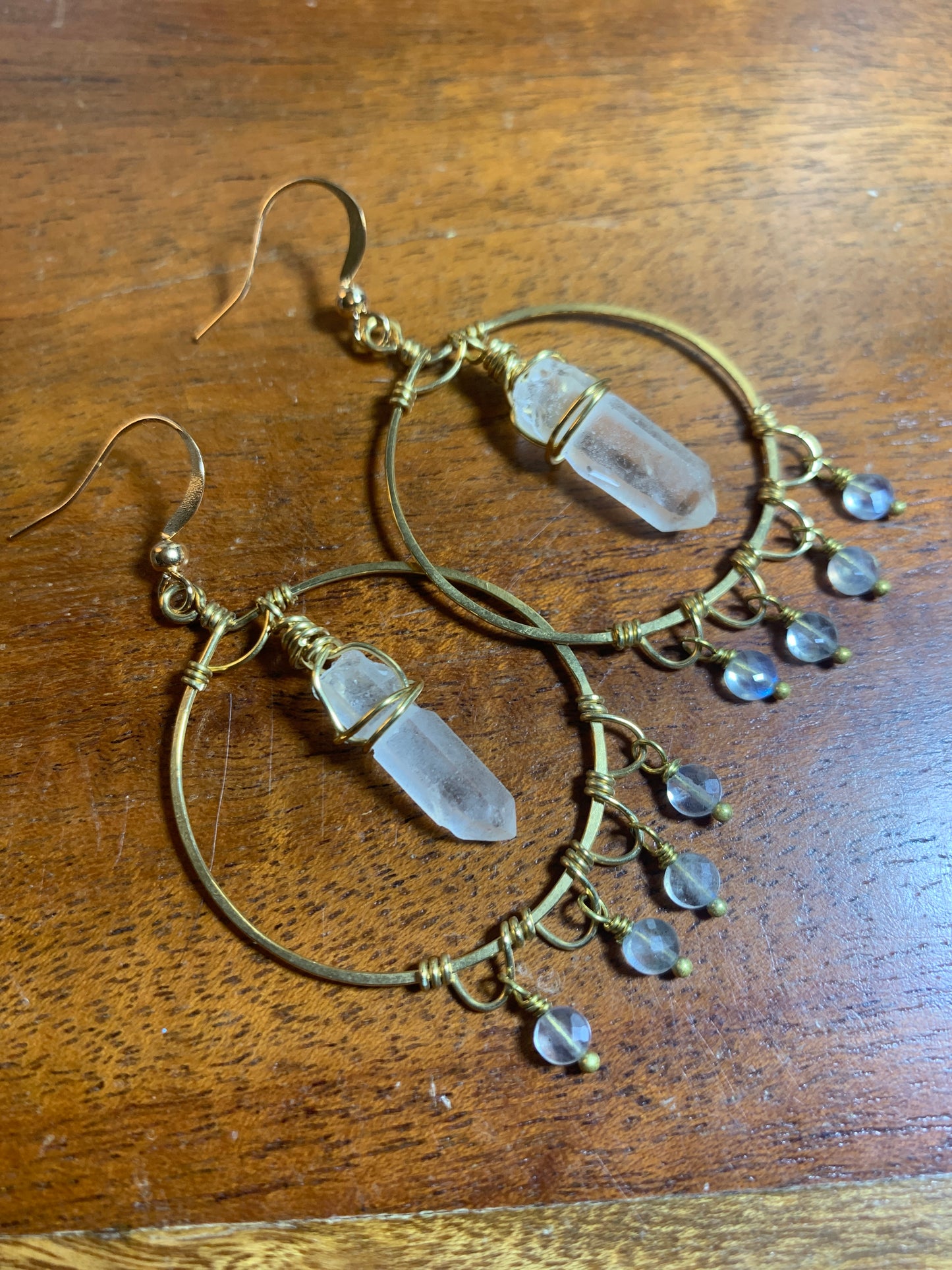 Labradorite and Quartz Crystal Earring, Raw Brass