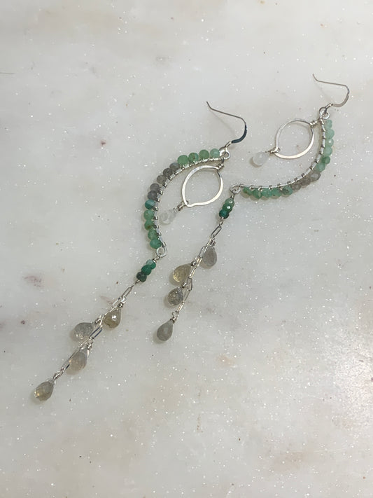 Sterling Silver Earrings, Chrysoprase, Labradorites, Rainbow Moonstone